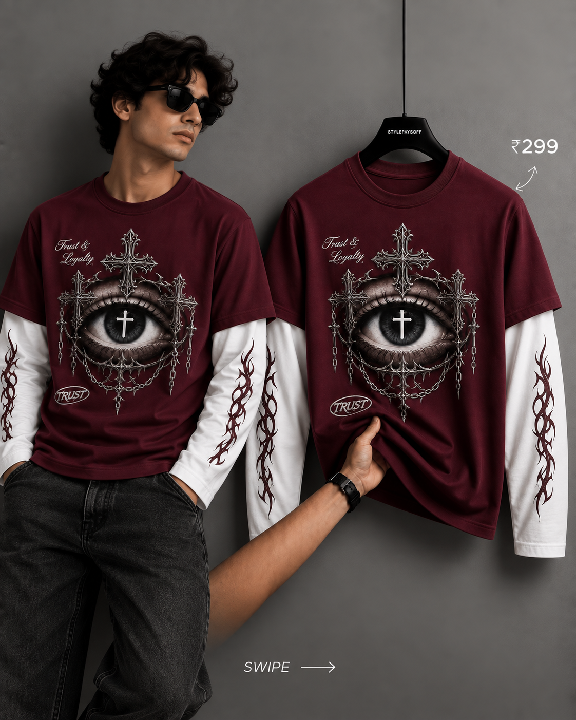 trust & loyalty gothic eye graphic layered t shirt – burgundy trust & loyalty gothic eye graphic layered t shirt – burgundy