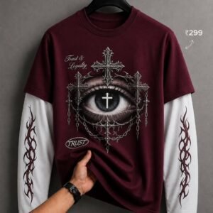 trust & loyalty gothic eye graphic layered t shirt – burgundy1