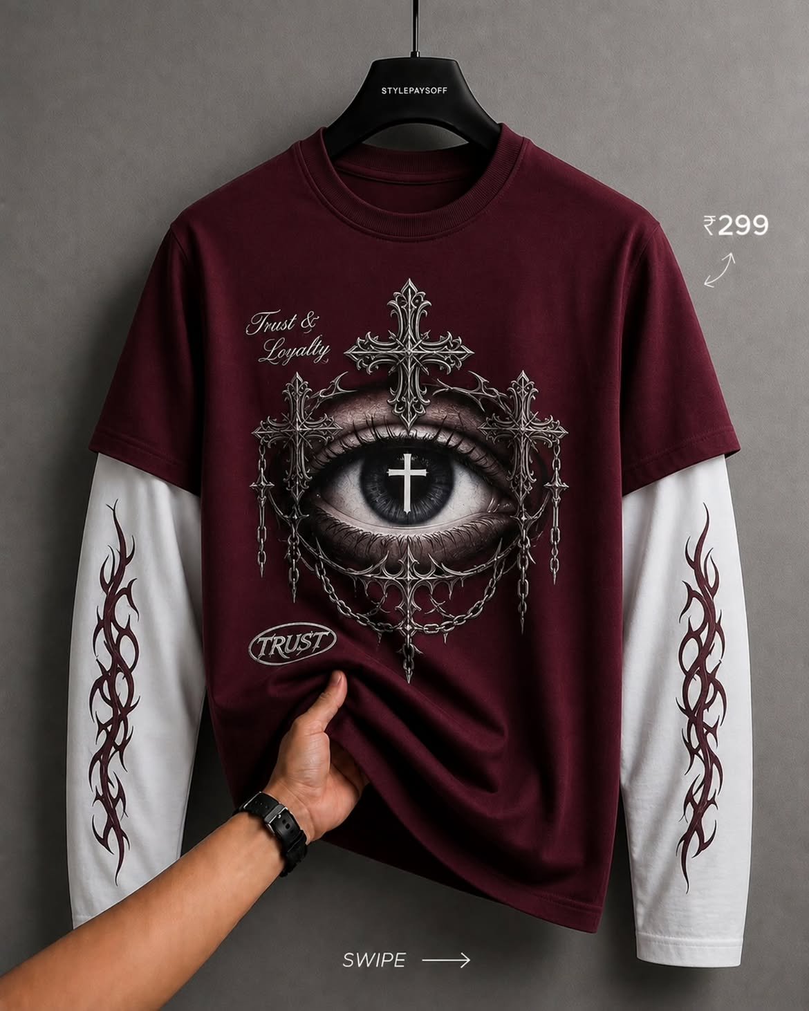 trust & loyalty gothic eye graphic layered t shirt – burgundy1 trust & loyalty gothic eye graphic layered t shirt – burgundy1